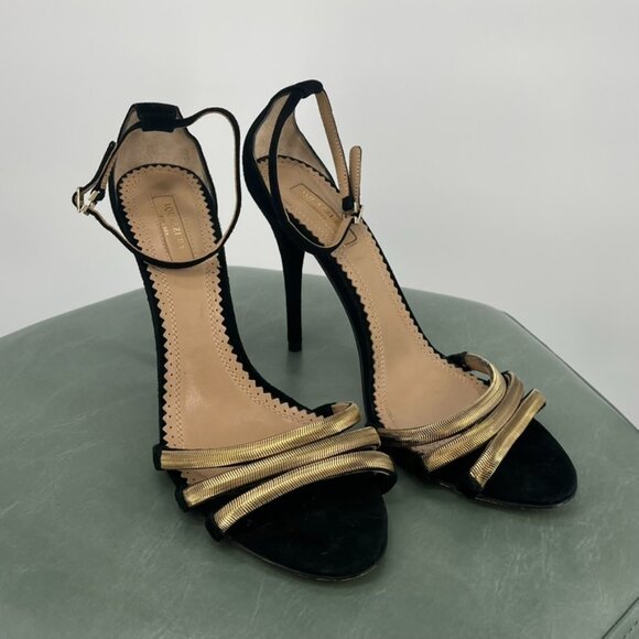 Shoes - Aquazurra Black and Gold Suede and Metallic Strappy Heels size 38.5